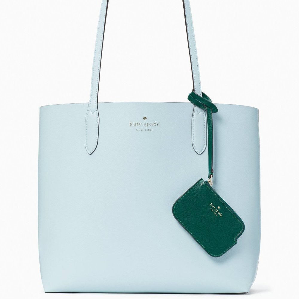 New Kate Spade Ava Reversible Tote with Pouch Double Faced Leather Frosty Ski